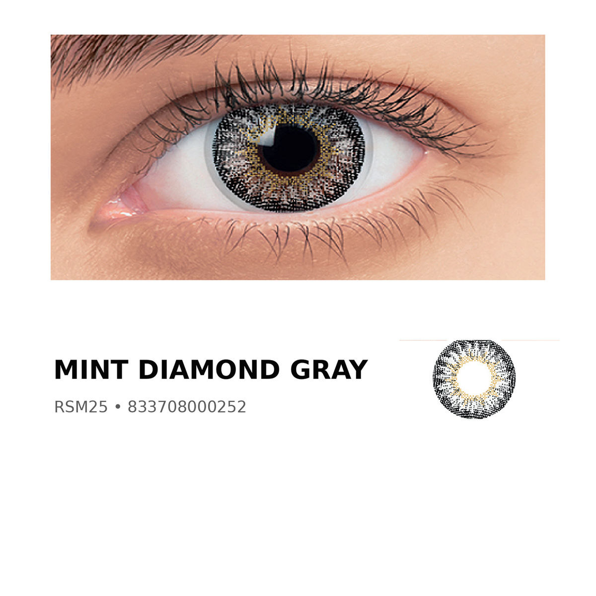 Rosée Mint Diamond Gray RSM25 colored contact lens shown on eye with exact lens pattern swatch
