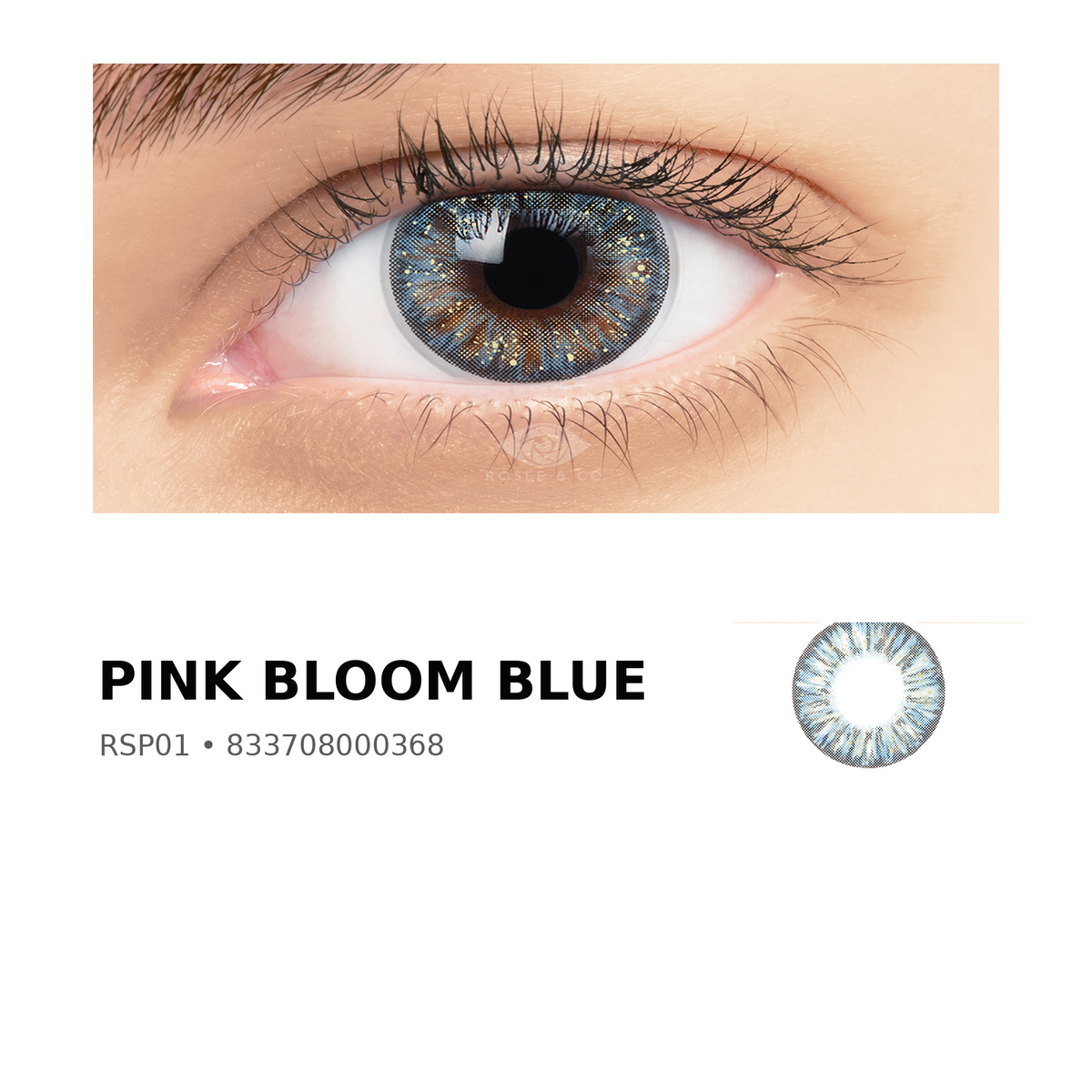 Rosée Pink Bloom Blue RSP01 colored contact lens shown on eye with exact lens pattern swatch