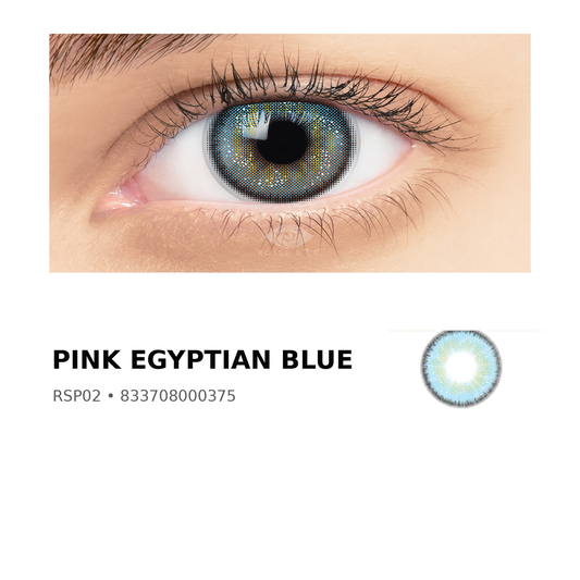 Rosée Pink Egyptian Blue RSP02 colored contact lens shown on eye with exact lens pattern swatch