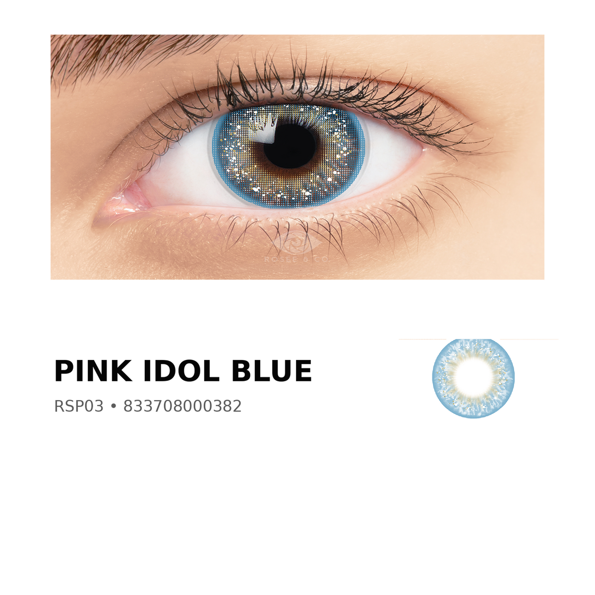 Rosée Pink Idol Blue RSP03 colored contact lens shown on eye with exact lens pattern swatch