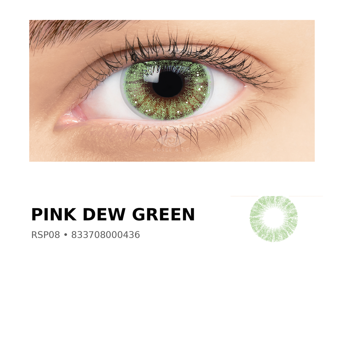 Rosée Pink Dew Green RSP08 colored contact lens shown on eye with exact lens pattern swatch