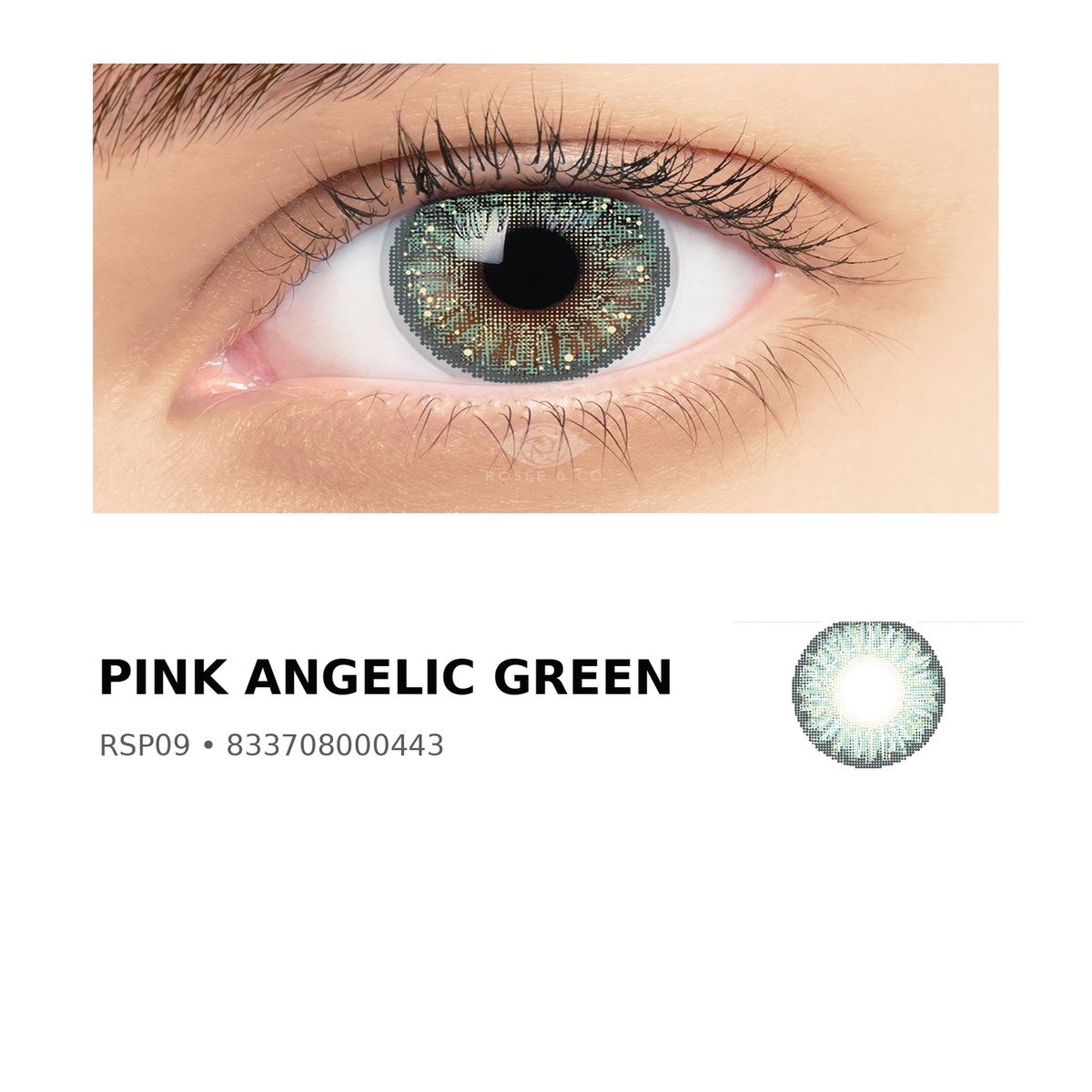 Rosée Pink Angelic Green RSP09 colored contact lens shown on eye with exact lens pattern swatch