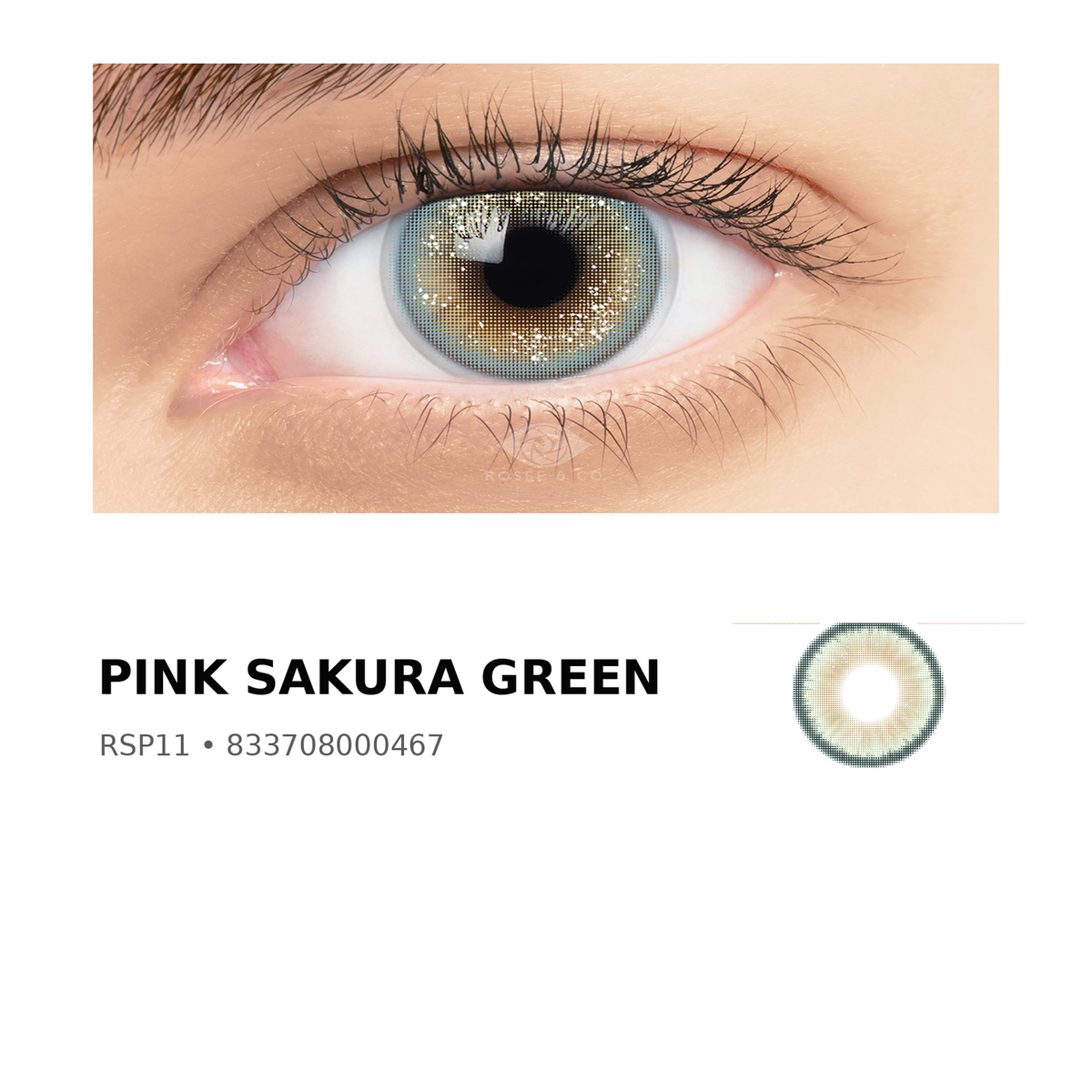 Rosée Pink Sakura Green RSP11 colored contact lens shown on eye with exact lens pattern swatch