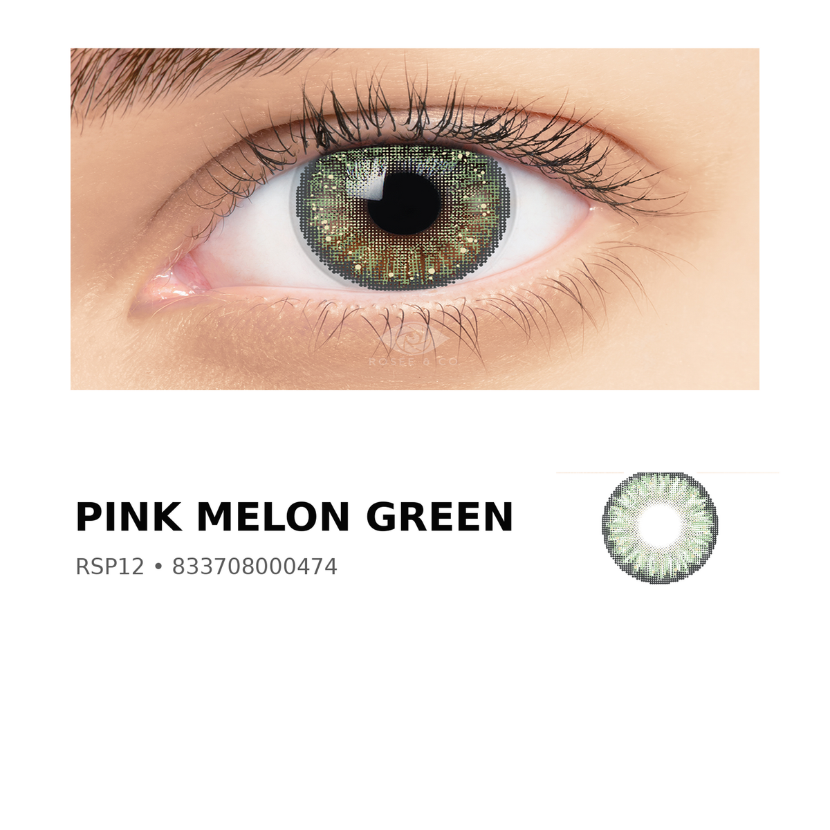 Rosée Pink Melon Green RSP12 colored contact lens shown on eye with exact lens pattern swatch