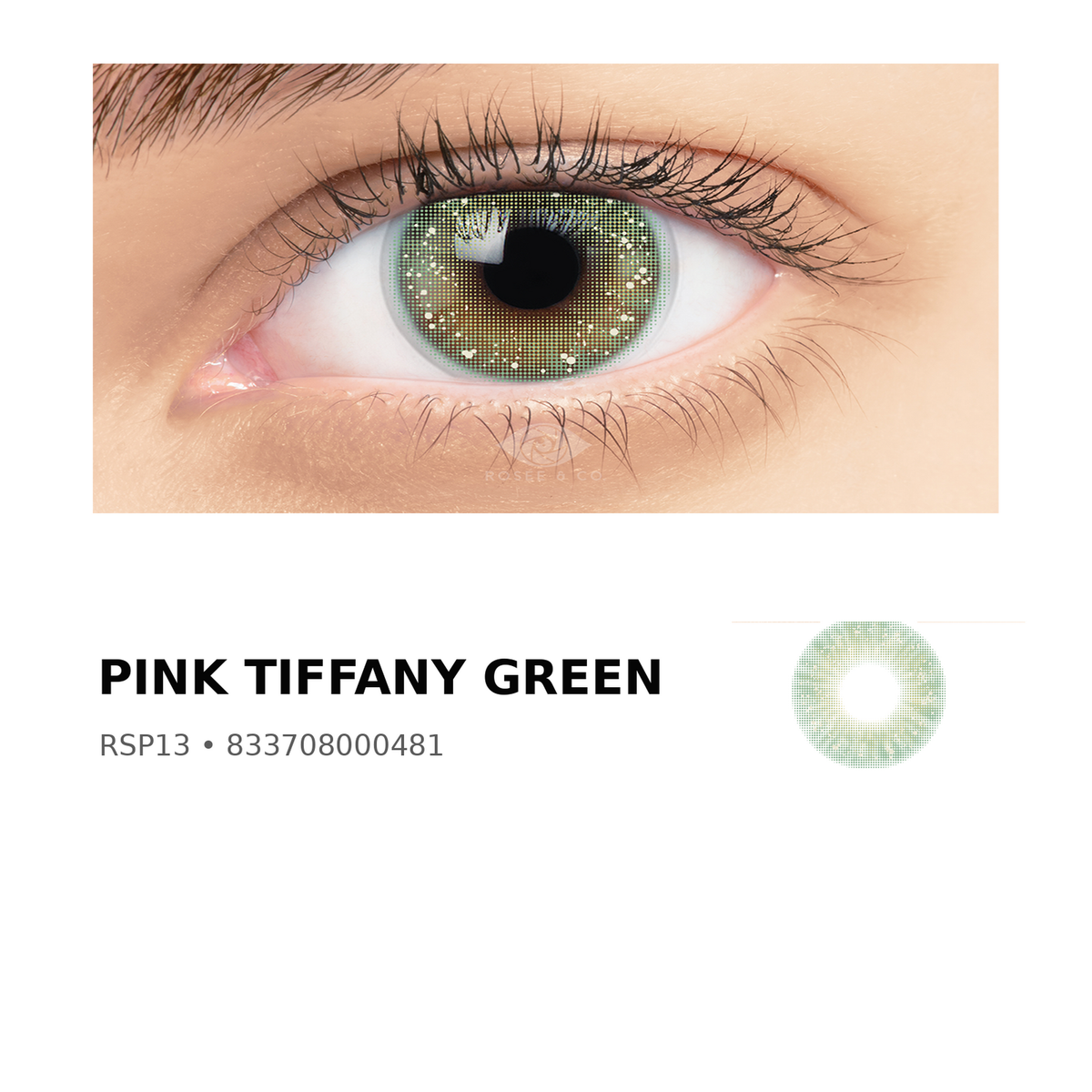 Rosée Pink Tiffany Green RSP13 colored contact lens shown on eye with exact lens pattern swatch