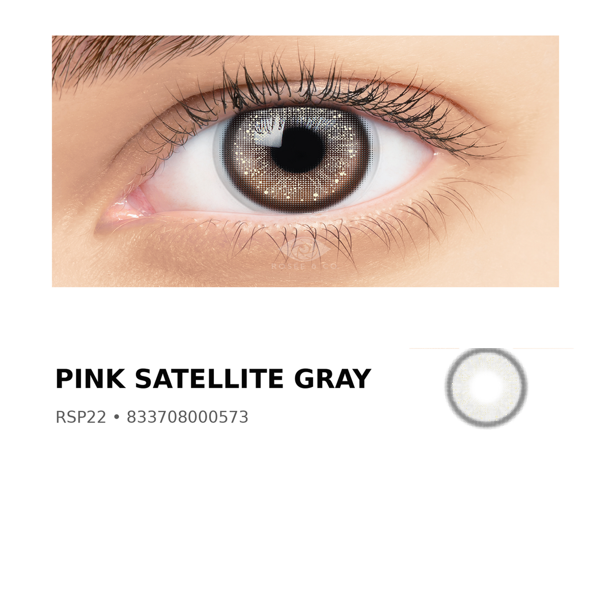 Rosée Pink Satellite Gray RSP22 colored contact lens shown on eye with exact lens pattern swatch