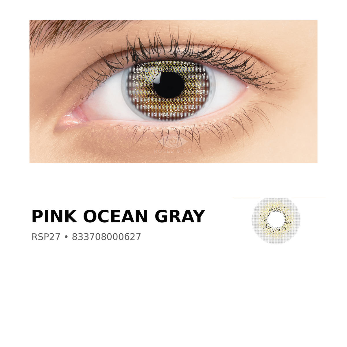 Rosée Pink Ocean Gray RSP27 colored contact lens shown on eye with exact lens pattern swatch