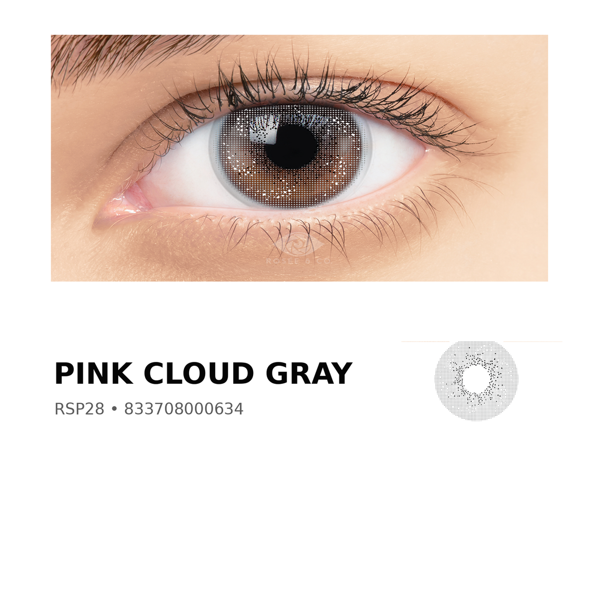 Rosée Pink Cloud Gray RSP28 colored contact lens shown on eye with exact lens pattern swatch