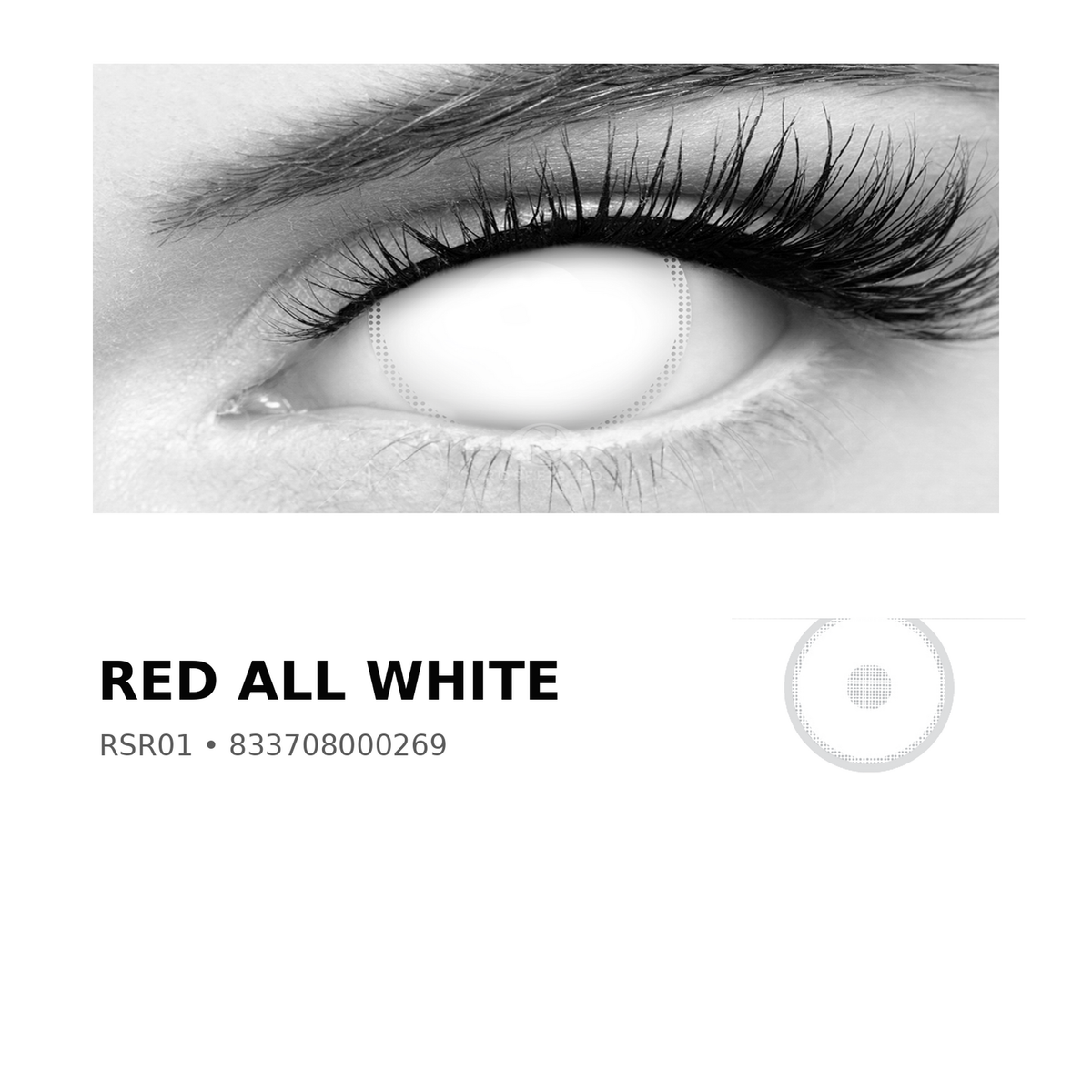 Rosée Red All White RSR01 colored contact lens shown on eye with exact lens pattern swatch