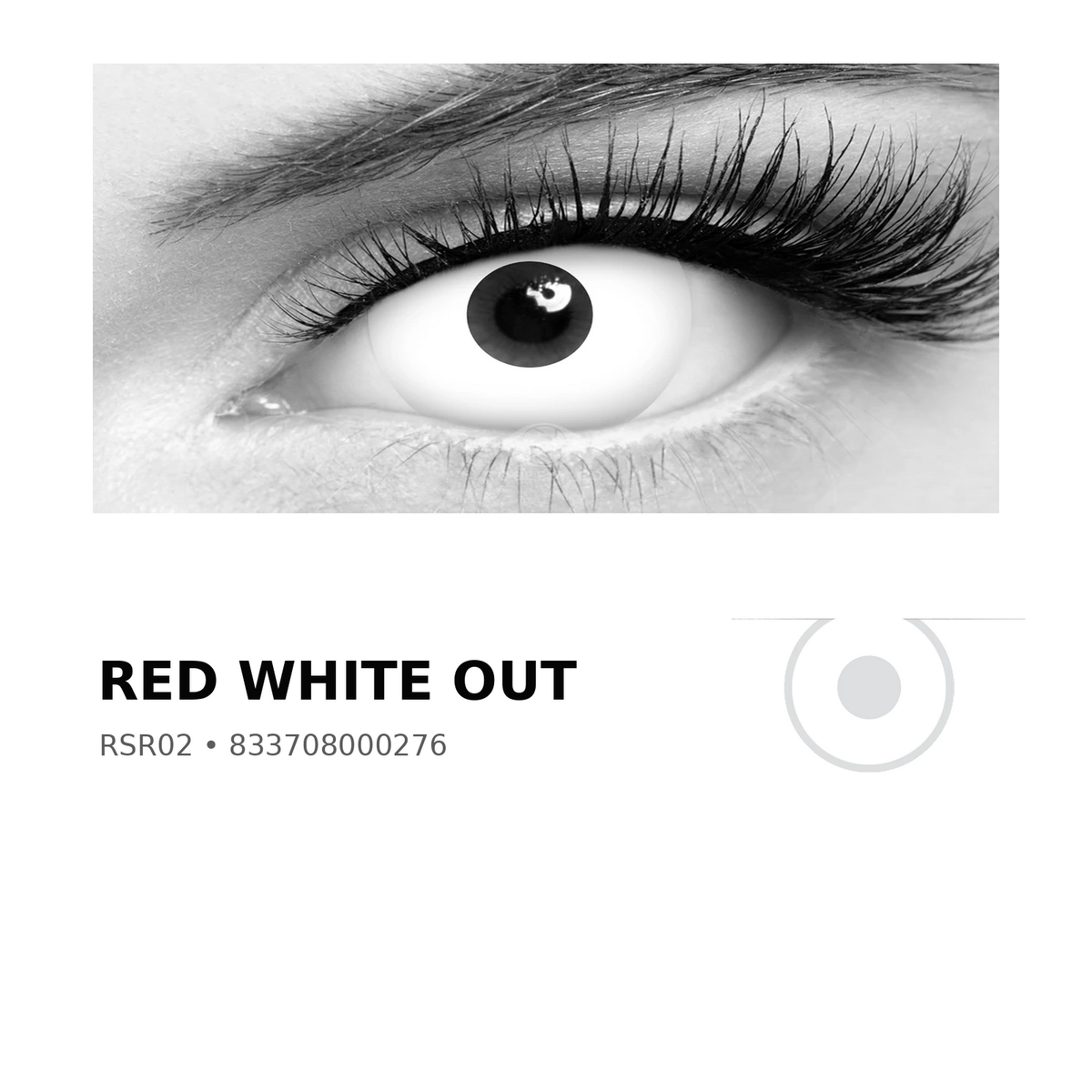 Rosée Red White Out RSR02 colored contact lens shown on eye with exact lens pattern swatch