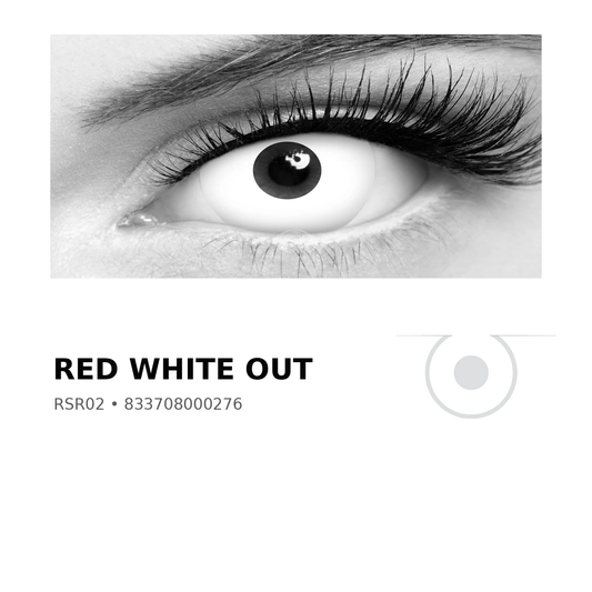 Rosée Red White Out RSR02 colored contact lens shown on eye with exact lens pattern swatch