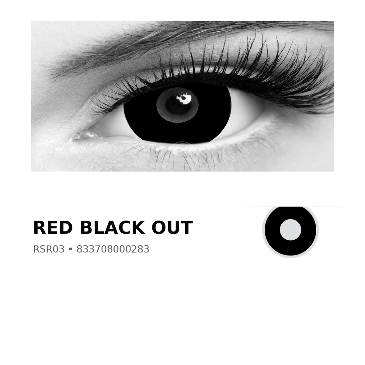 Rosée Red Black Out RSR03 colored contact lens shown on eye with exact lens pattern swatch