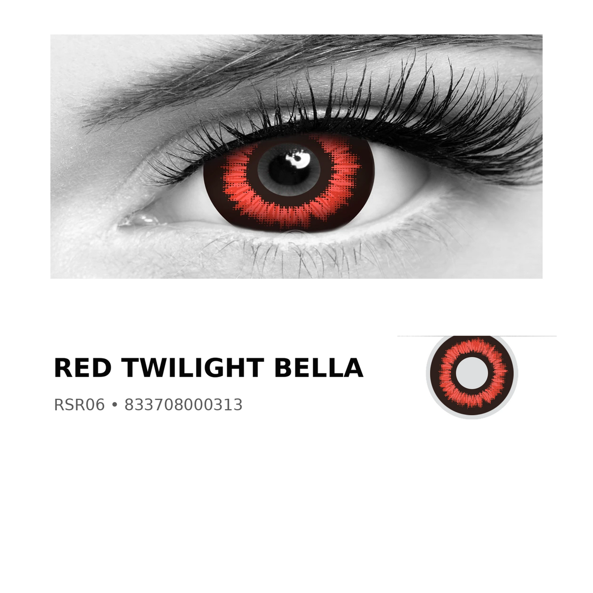 Rosée Red Twilight Bella RSR06 colored contact lens shown on eye with exact lens pattern swatch