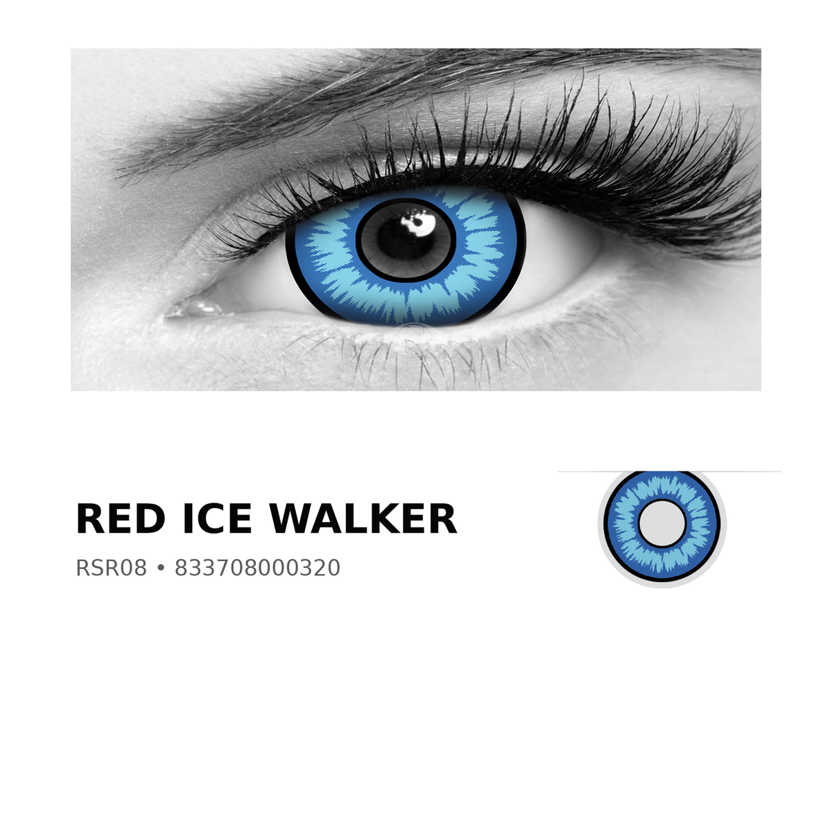 Rosée Red Ice Walker RSR08 colored contact lens shown on eye with exact lens pattern swatch