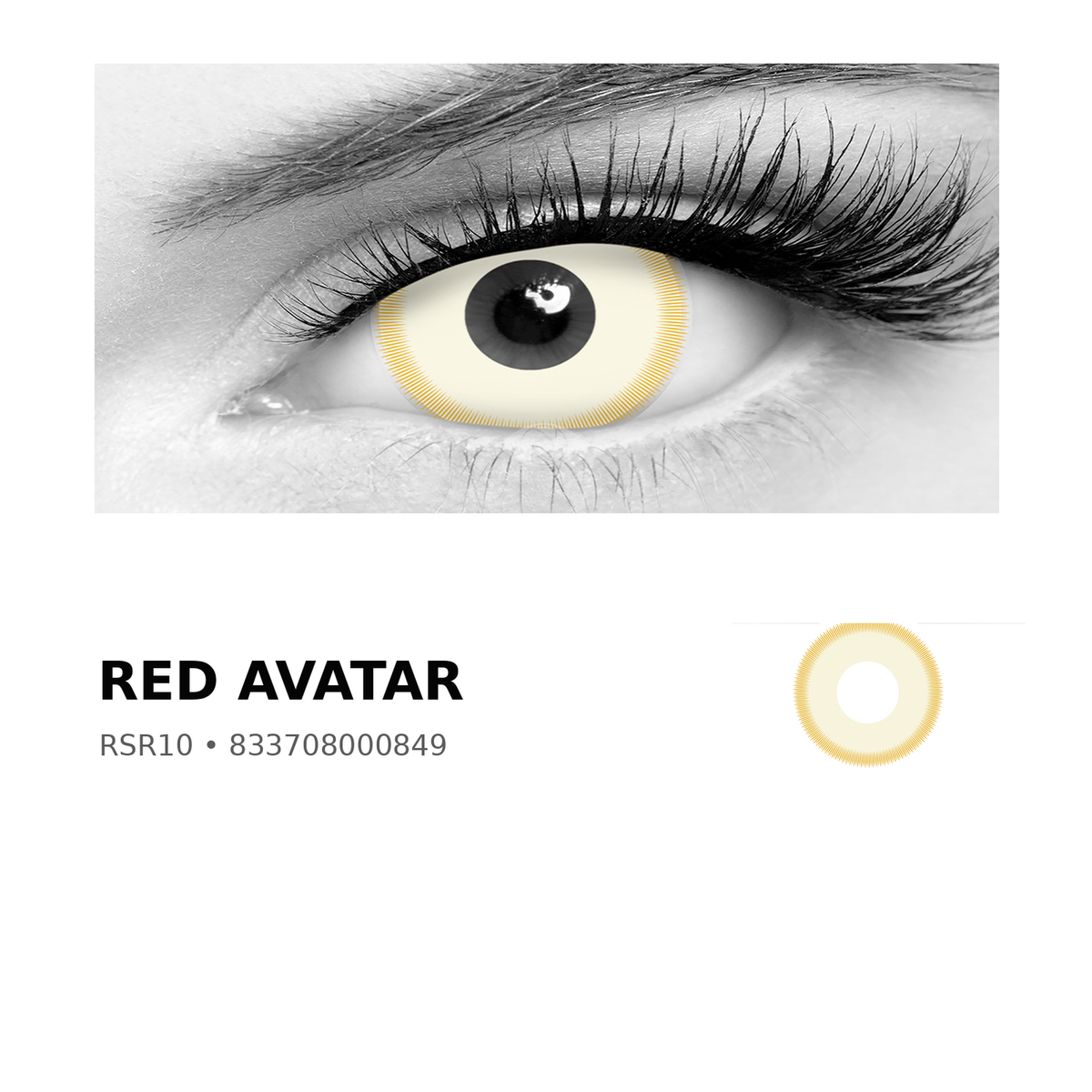 Rosée Red Avatar RSR10 colored contact lens shown on eye with exact lens pattern swatch
