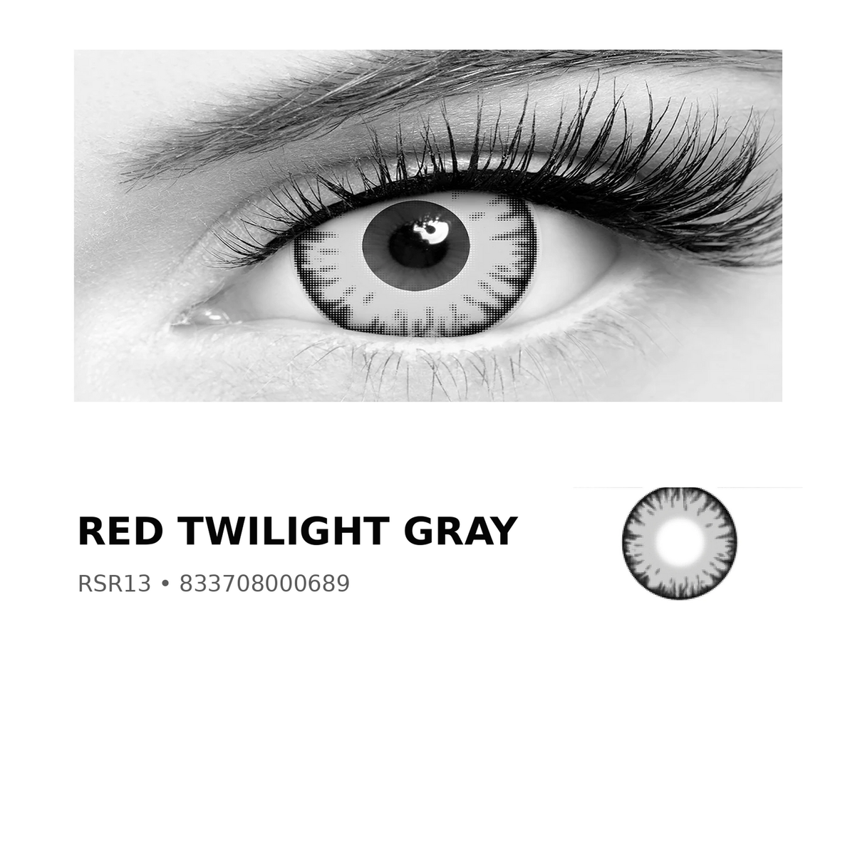 Rosée Red Twilight Gray RSR13 colored contact lens shown on eye with exact lens pattern swatch