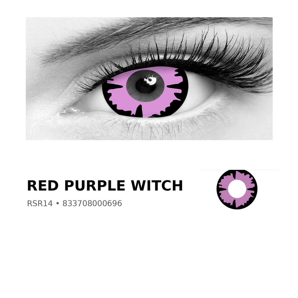 Rosée Red Purple Witch RSR14 colored contact lens shown on eye with exact lens pattern swatch