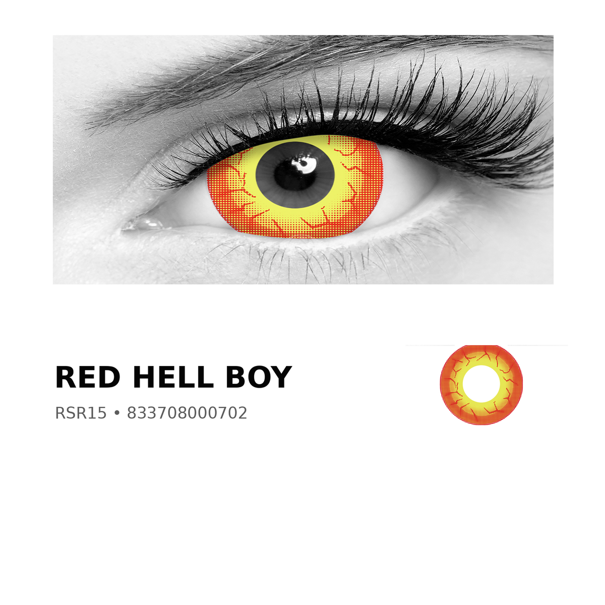 Rosée Red Hell Boy RSR15 colored contact lens shown on eye with exact lens pattern swatch