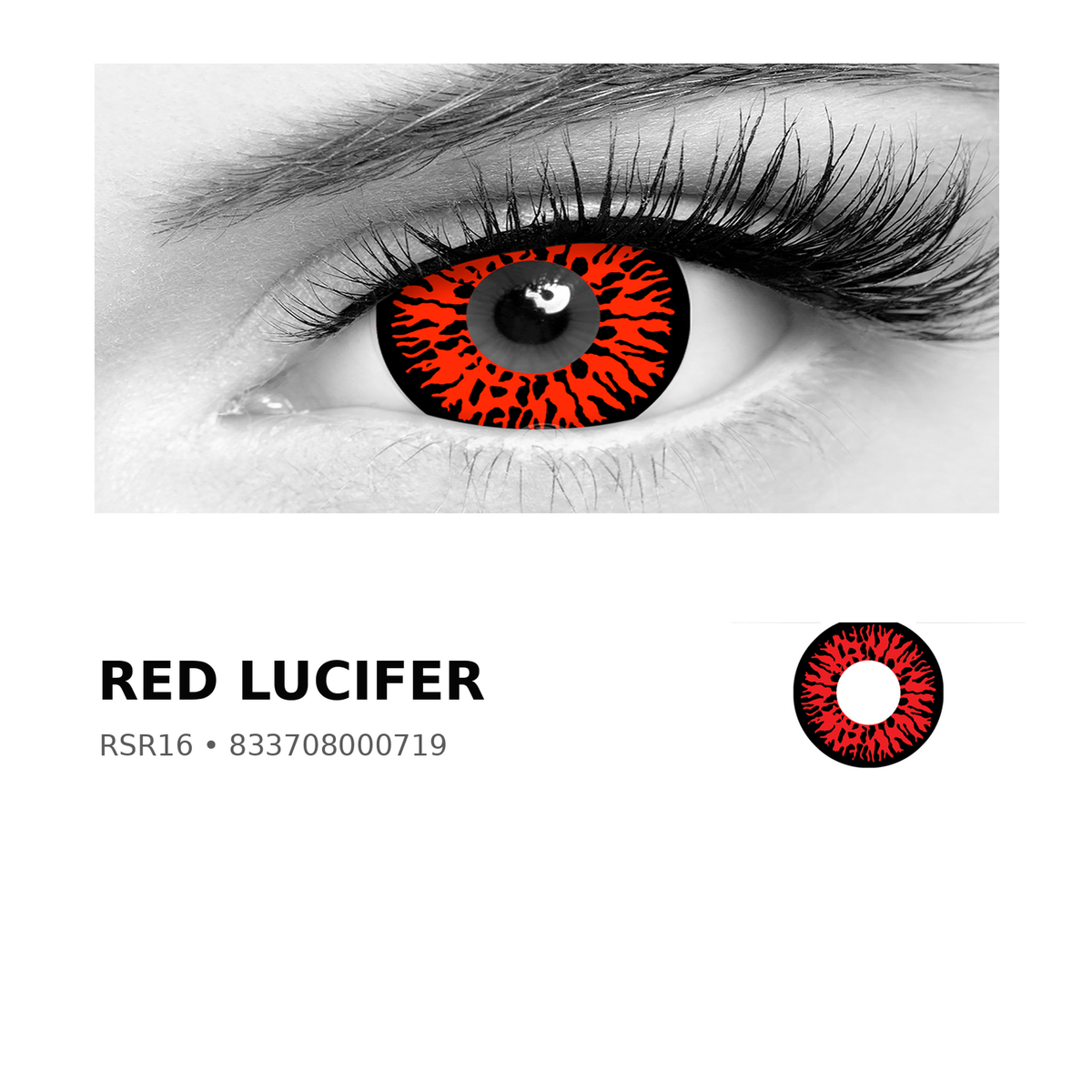 Rosée Red Lucifer RSR16 colored contact lens shown on eye with exact lens pattern swatch