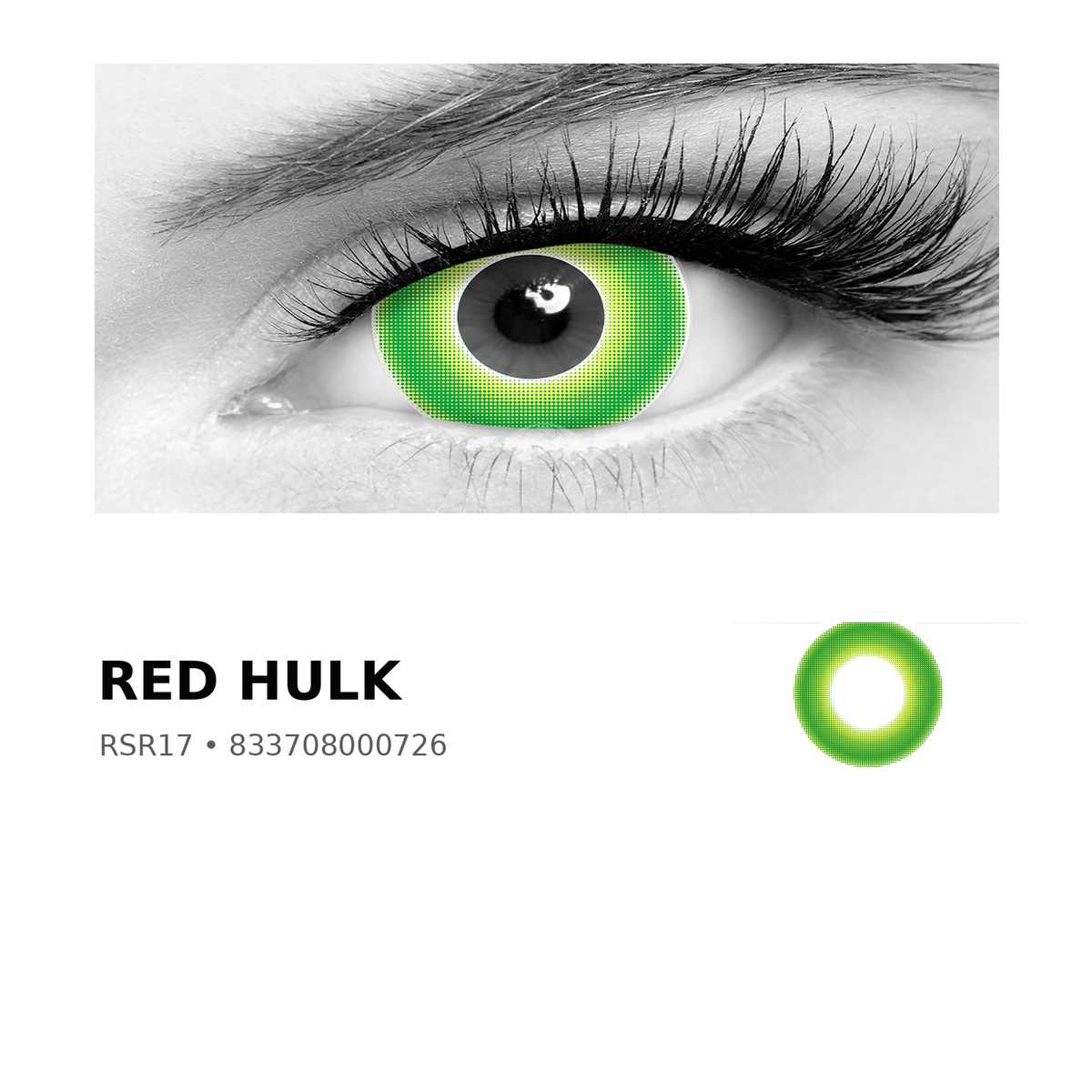 Rosée Red Hulk RSR17 colored contact lens shown on eye with exact lens pattern swatch