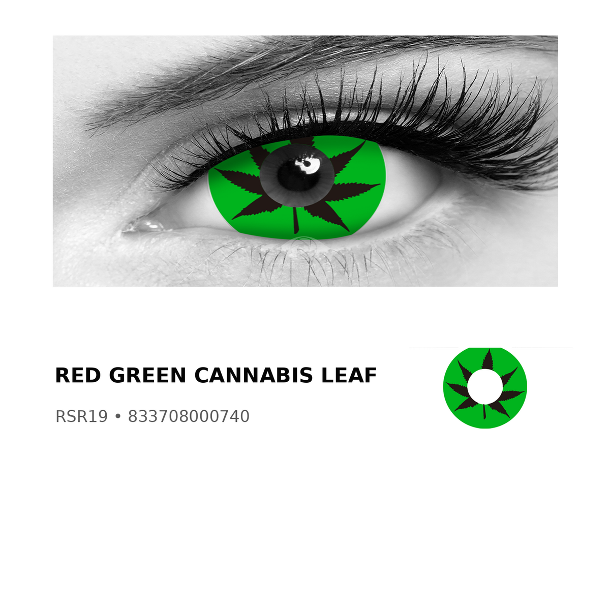 Rosée Red Green Cannabis Leaf RSR19 colored contact lens shown on eye with exact lens pattern swatch