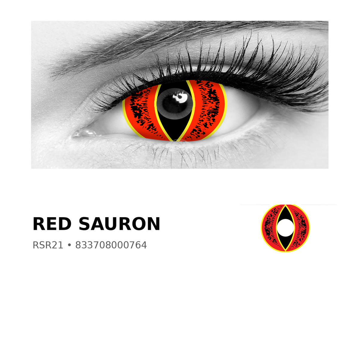 Rosée Red Sauron RSR21 colored contact lens shown on eye with exact lens pattern swatch