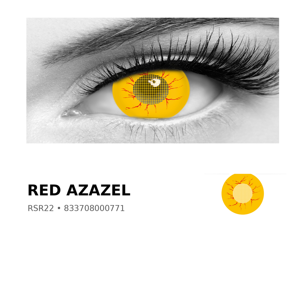 Rosée Red Azazel RSR22 colored contact lens shown on eye with exact lens pattern swatch