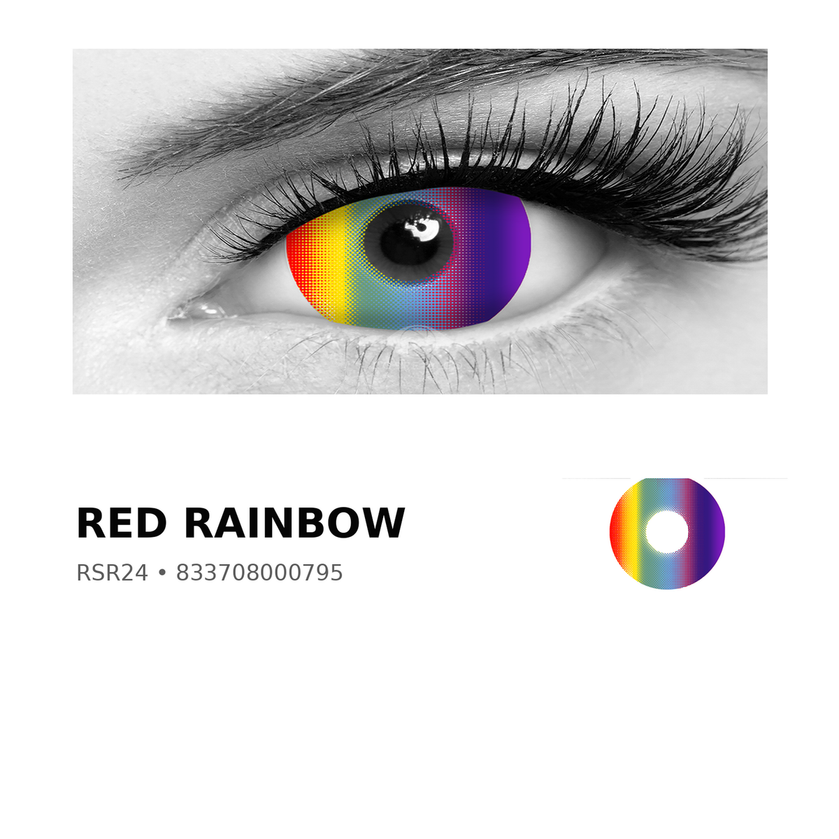 Rosée Red Rainbow RSR24 colored contact lens shown on eye with exact lens pattern swatch