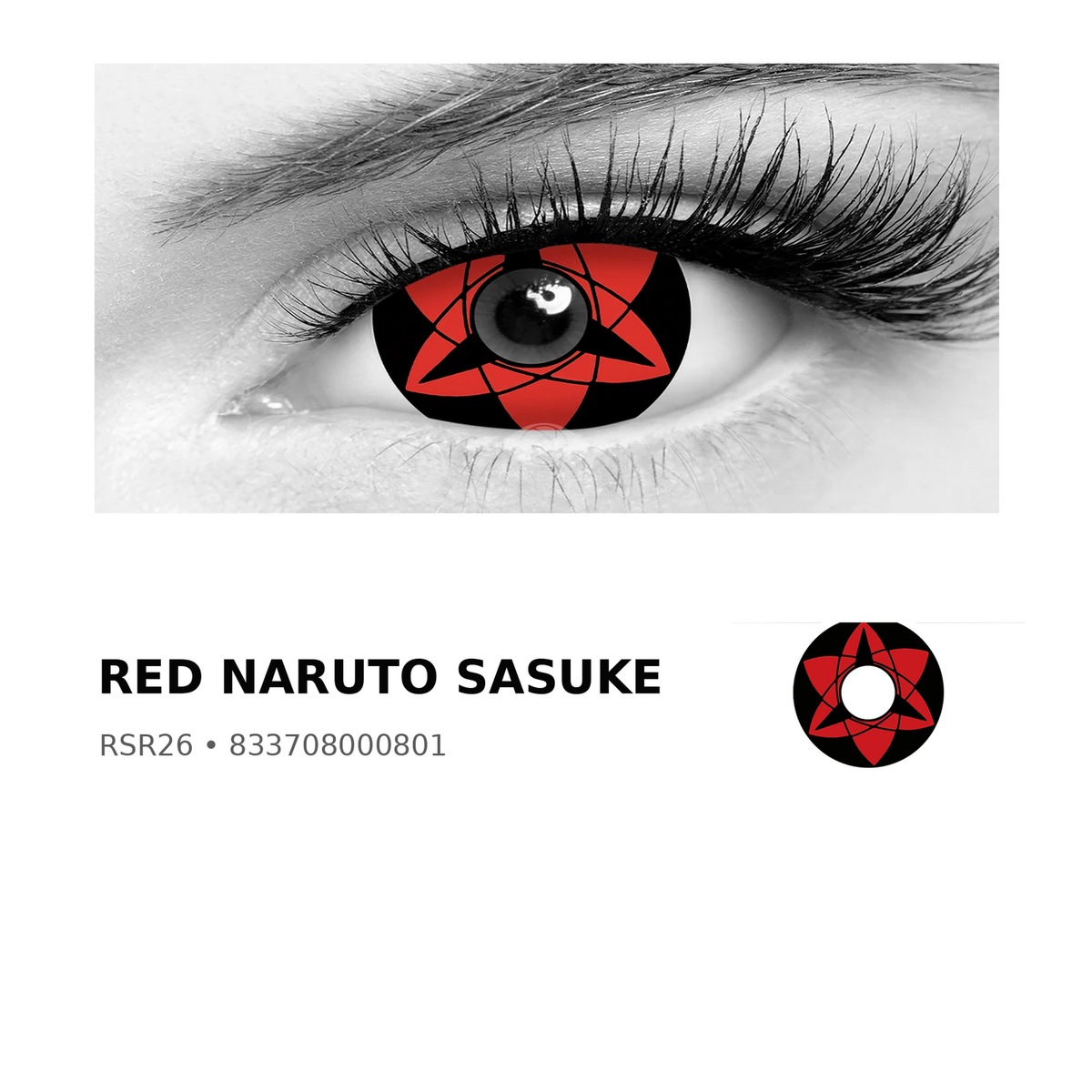 Rosée Red Naruto Sasuke RSR26 colored contact lens shown on eye with exact lens pattern swatch