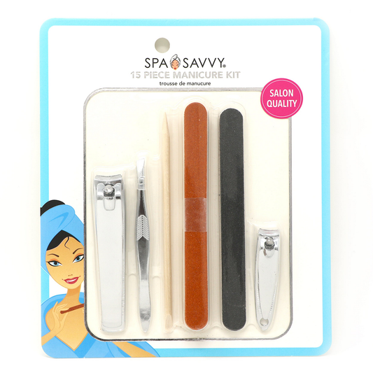 Spa Savvy 15-piece manicure kit in aqua-accented retail packaging, item 1034S
