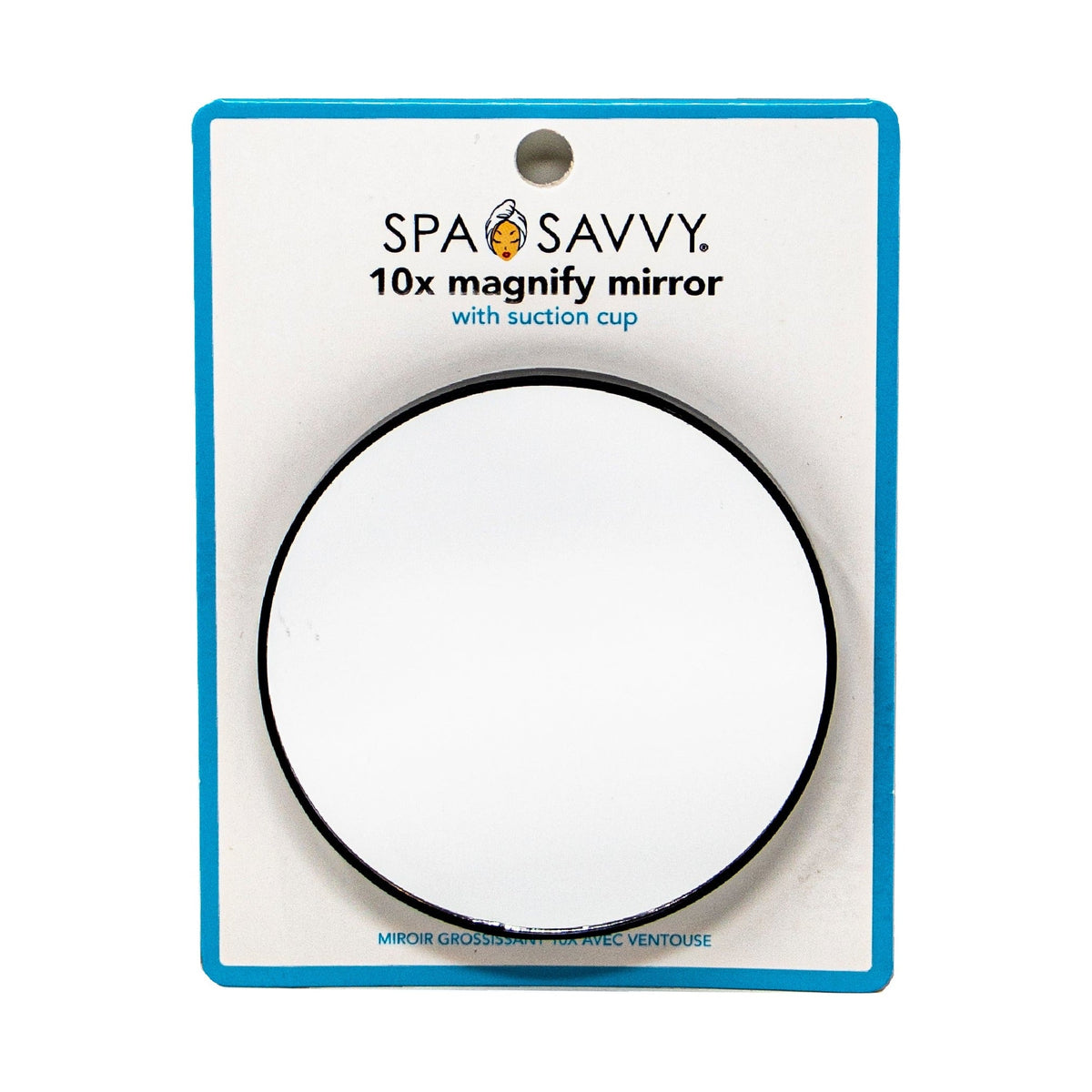 Spa & Savvy 10X magnifying mirror with suction cup in retail packaging