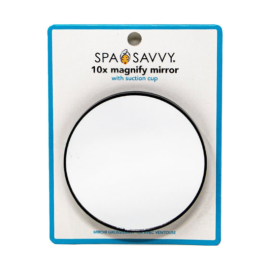 Spa & Savvy 10X magnifying mirror with suction cup in retail packaging