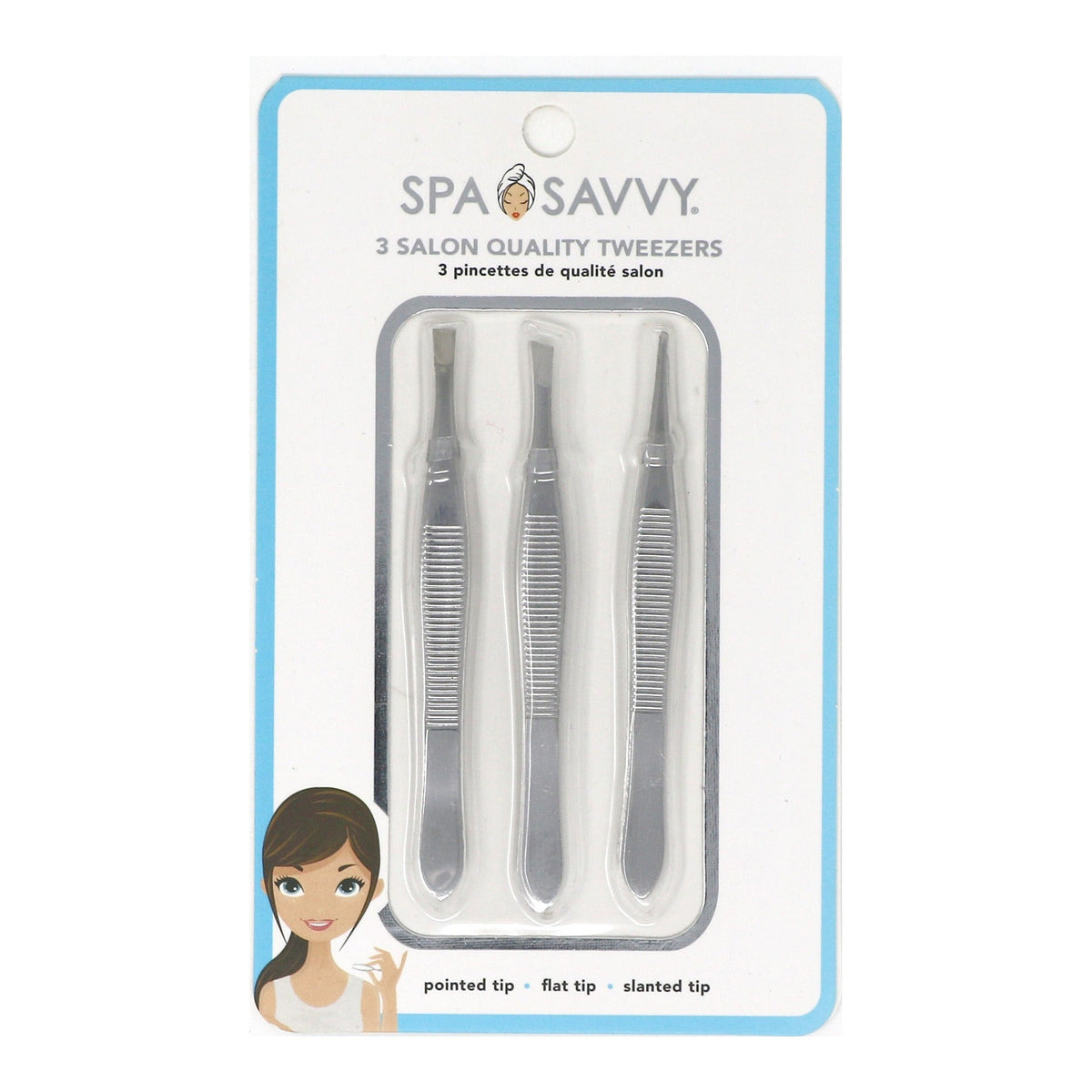 Spa & Savvy three-piece tweezer set with pointed, flat and slanted tips