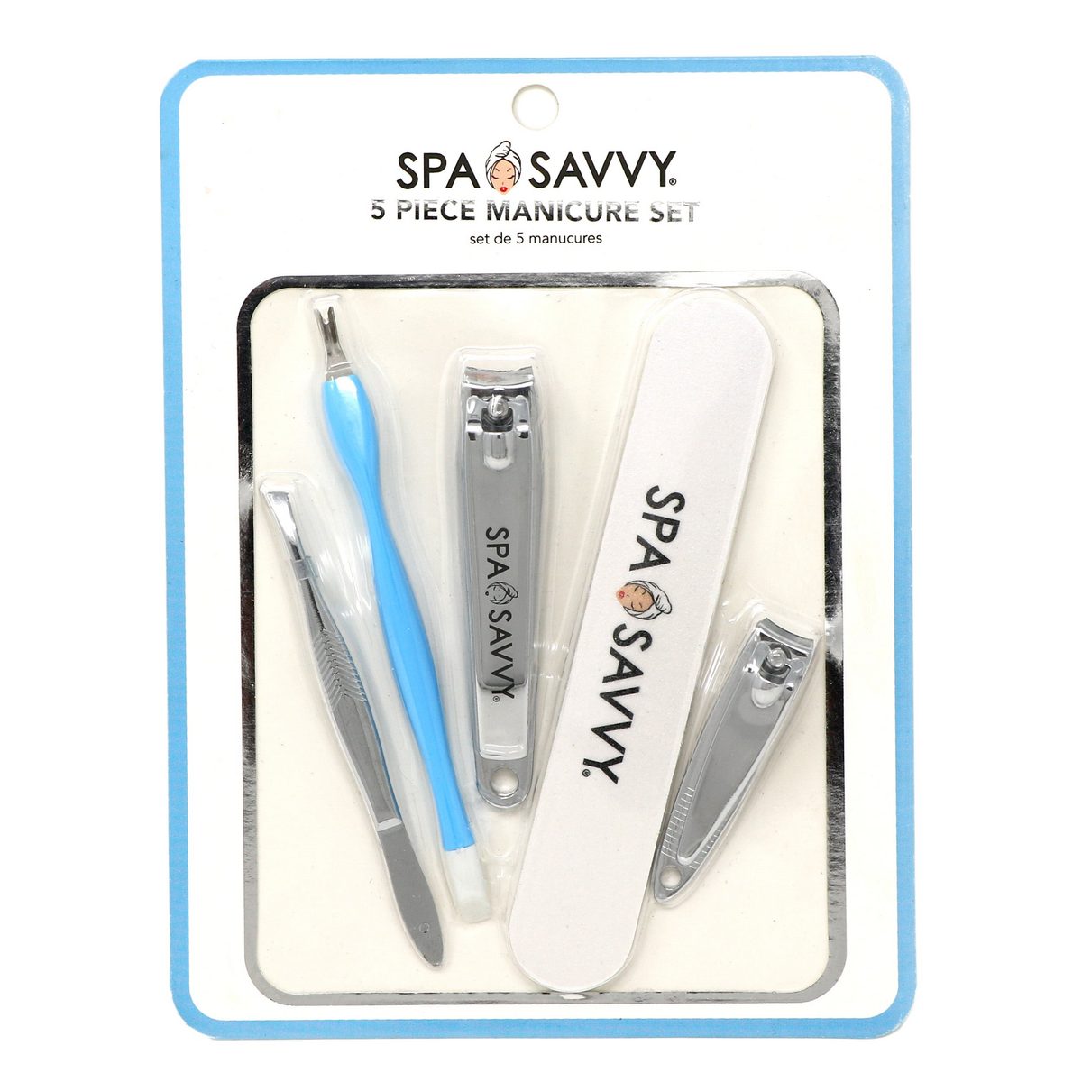 Spa Savvy 5-piece manicure set in aqua-accented retail packaging, item 3038A