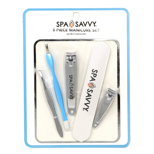 Spa Savvy 5-piece manicure set in aqua-accented retail packaging, item 3038A
