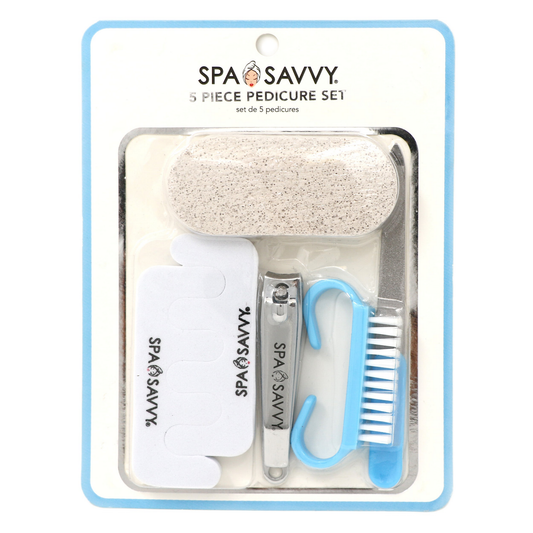 Spa Savvy 5-piece pedicure set in aqua-accented retail packaging, item 3038B