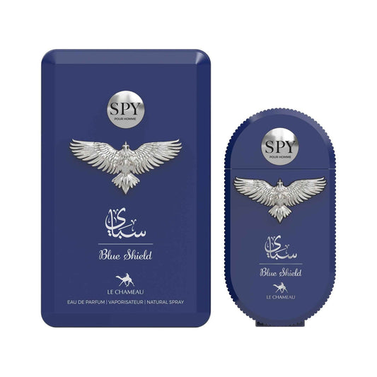 Le Chameau Spy Blue Shield Eau de Parfum for Men – 3.0 oz / 90 mL bottle on white background